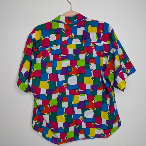 Rubik’s Cube Print Button-Up Shirt | Retro Gamer Colorblock Blouse Size M/L - Picture 7 of 9